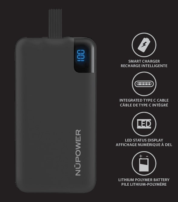 NüPower 10,000 mAh Power Bank with integrated cable